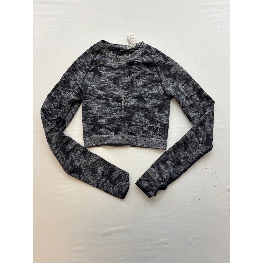 Gymshark Adapt Camo Seamless Long Sleeve Crop Top Black Grey Small